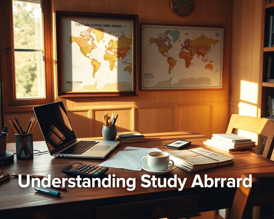 A cozy study space with a wooden desk, a laptop, and various stationery items. The room is bathed in warm, natural lighting, creating a inviting and productive atmosphere. A framed world map hangs on the wall, hinting at the global nature of the study abroad experience. On the desk, a calculator, a stack of textbooks, and a cup of coffee suggest the financial and academic considerations of studying abroad. The overall scene conveys a sense of contemplation and preparation, reflecting the "Understanding Study Abroad Costs" theme.