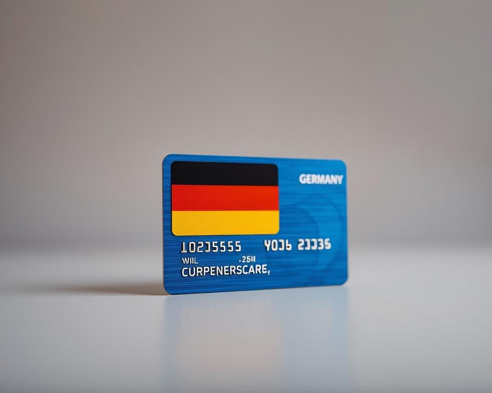 A crisp, high-resolution image of a blue card with the German flag prominently displayed, set against a clean and professional background. The card should be the central focus, positioned in the middle ground, with a soft, warm lighting that accentuates its textured surface and metallic accents. The background should be a subtle, out-of-focus gradient in shades of gray, creating a sense of depth and emphasizing the card's importance. The overall mood should convey a sense of authority, opportunity, and the promise of a rewarding career in Germany.
