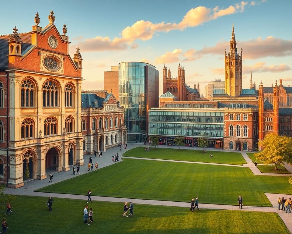 A detailed architectural illustration showcasing the structure of UK universities. In the foreground, a stately neo-Gothic building with grand arched windows and intricate stone carvings represents the historic core of a prestigious university campus. In the middle ground, modern glass and steel structures stand alongside traditional brick buildings, symbolizing the blend of old and new in UK higher education. In the background, an expansive green lawn dotted with students and academics creates a serene, contemplative atmosphere. The scene is bathed in warm, golden evening light, conveying a sense of timeless academic tradition and innovation. Captured with a wide-angle lens to emphasize the scale and grandeur of the UK university system.