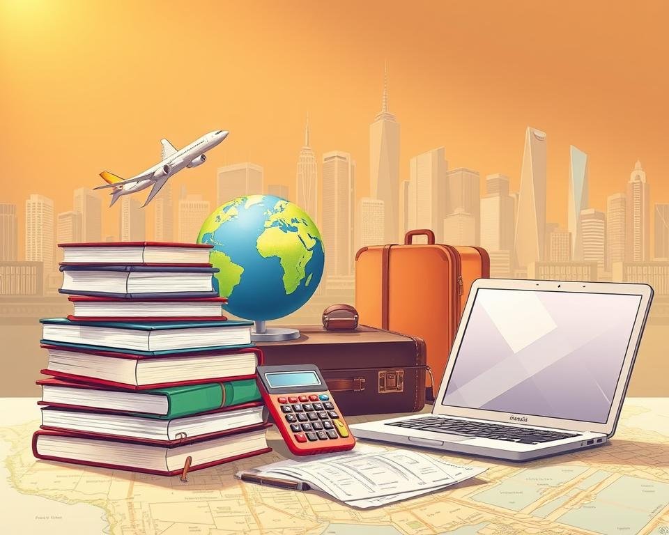 A detailed illustration depicting the various financial aspects of studying abroad. In the foreground, a stack of textbooks, a laptop, and a calculator symbolize the academic costs. In the middle ground, a globe, airplane, and luggage represent the travel and relocation expenses. The background features a cityscape with skyscrapers, highlighting the living and accommodation costs in a foreign metropolis. The scene is bathed in a warm, golden light, creating a contemplative atmosphere as the viewer ponders the financial realities of an international educational experience.
