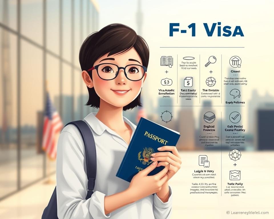 A detailed illustration of the F-1 visa for studying in the USA, showcasing the key requirements and process. In the foreground, a meticulously rendered student holding their passport and visa documents, surrounded by a clean, professional atmosphere. In the middle ground, a series of icons and infographic elements highlighting the various criteria for the F-1 visa, such as academic enrollment, financial documentation, and English proficiency. The background features a subtle, blurred cityscape of the USA, conveying a sense of the destination and opportunity. The lighting is soft and directional, creating depth and emphasizing the important details. The overall mood is informative, authoritative, and visually appealing, reflecting the subject matter of the F-1 visa overview.