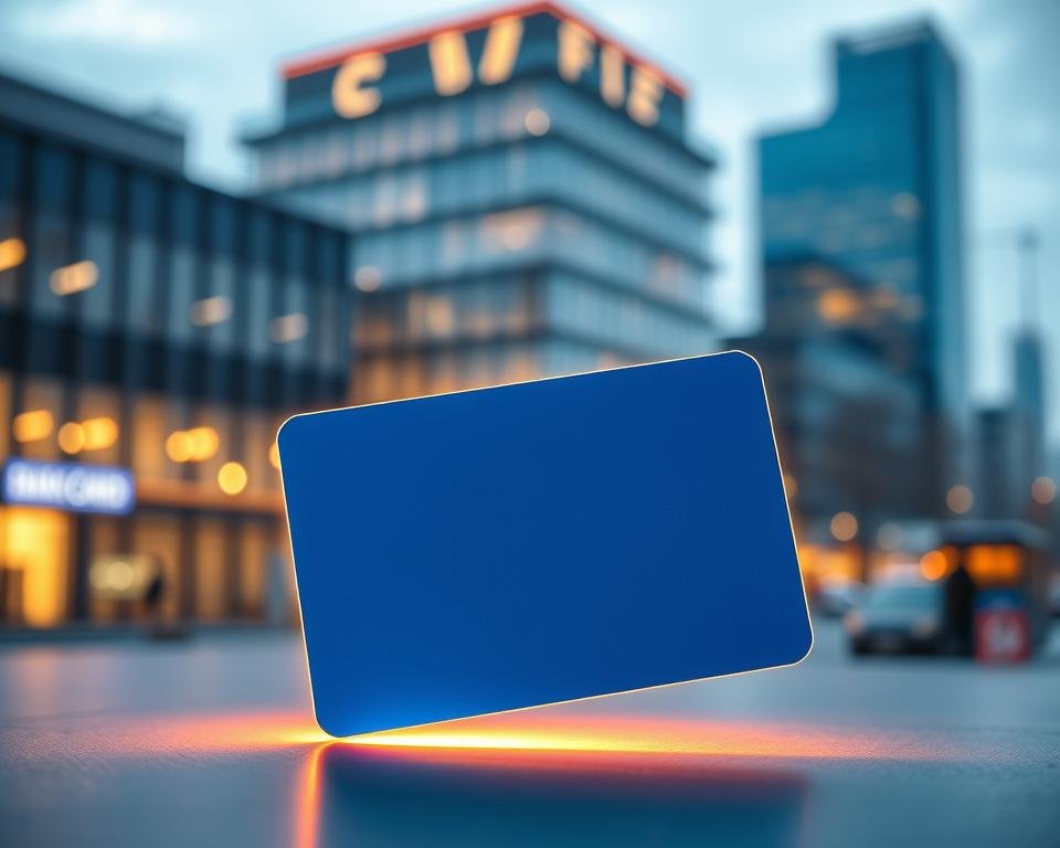 A detailed illustration of the benefits of the German Blue Card program. A minimalist blue card with glowing edges floats in the foreground, casting a warm glow on the background. The card is highlighted by a crisp, focused lighting setup, drawing the viewer's attention. Behind the card, blurred cityscape of modern German architecture, suggesting the cosmopolitan atmosphere and opportunities available to Blue Card holders. The overall mood is one of professional advancement, global mobility, and the promise of a fulfilling career in Germany.