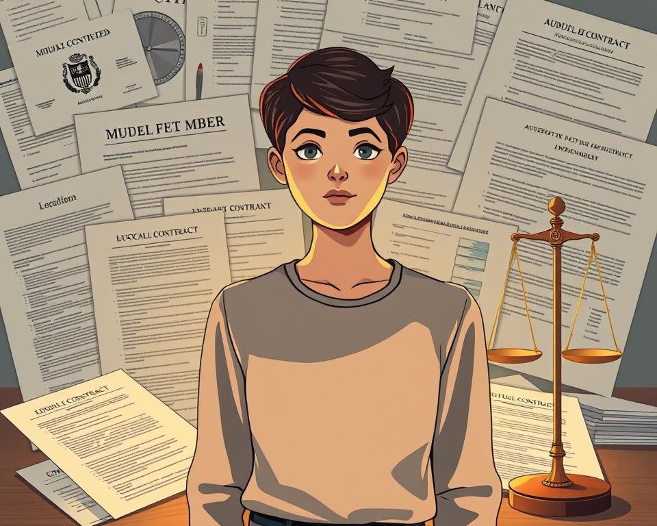 A detailed legal framework for student jobs in Germany, captured in a stylized illustration. A young student standing in the foreground, surrounded by a background of government documents, employment contracts, and legal scales of justice. Soft, warm lighting illuminates the scene, conveying a sense of professionalism and authority. The composition emphasizes the interplay between the student's individualism and the overarching legal structure governing their part-time employment. Subtle textures and muted colors create a refined, sophisticated atmosphere, reflecting the seriousness of the subject matter.