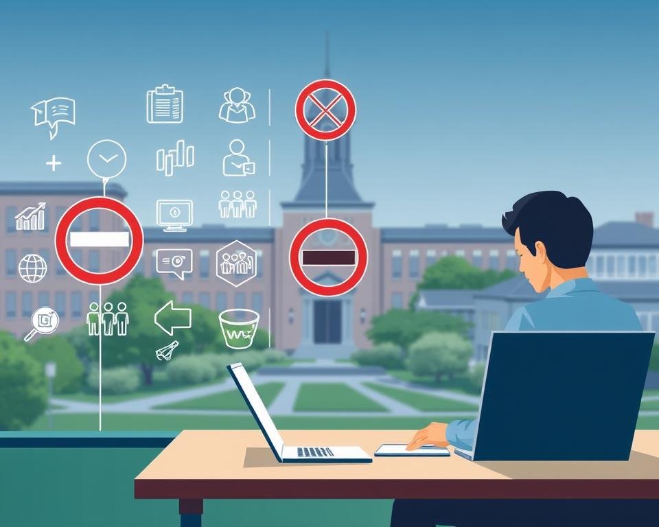 A detailed technical illustration depicting the work limitations of an F-1 student visa. The foreground shows a person sitting at a desk, focused on a laptop, representing the permitted academic activities. The middle ground features an array of workplace icons, with a prominent 'No Entry' sign, symbolizing the restricted employment opportunities. The background showcases the university campus, conveying the educational context. Lighting is crisp and clean, with a slight technical hue. The overall composition and style evoke a sense of informative clarity, guiding the viewer's understanding of the F-1 visa work constraints.