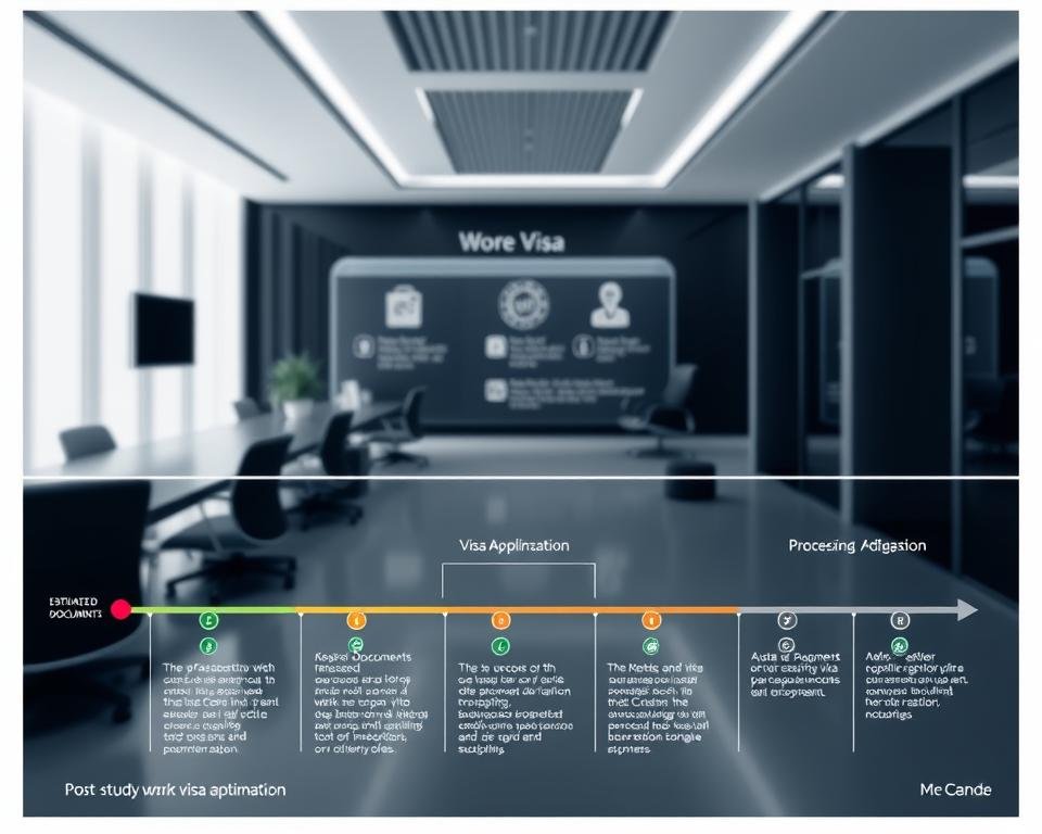 A detailed technical schematic diagram depicting the visa application process and timeline for a post-study work visa. The foreground shows a stylized timeline with key milestones and processing stages, color-coded to indicate estimated duration. The middle ground features icons and infographic elements illustrating the required documents and application steps. The background showcases a sleek, minimalist office setting with a professional, administrative atmosphere, incorporating design elements suggestive of an official government or immigration agency. The overall composition conveys a sense of precision, clarity, and the complexities involved in navigating the post-study work visa system.