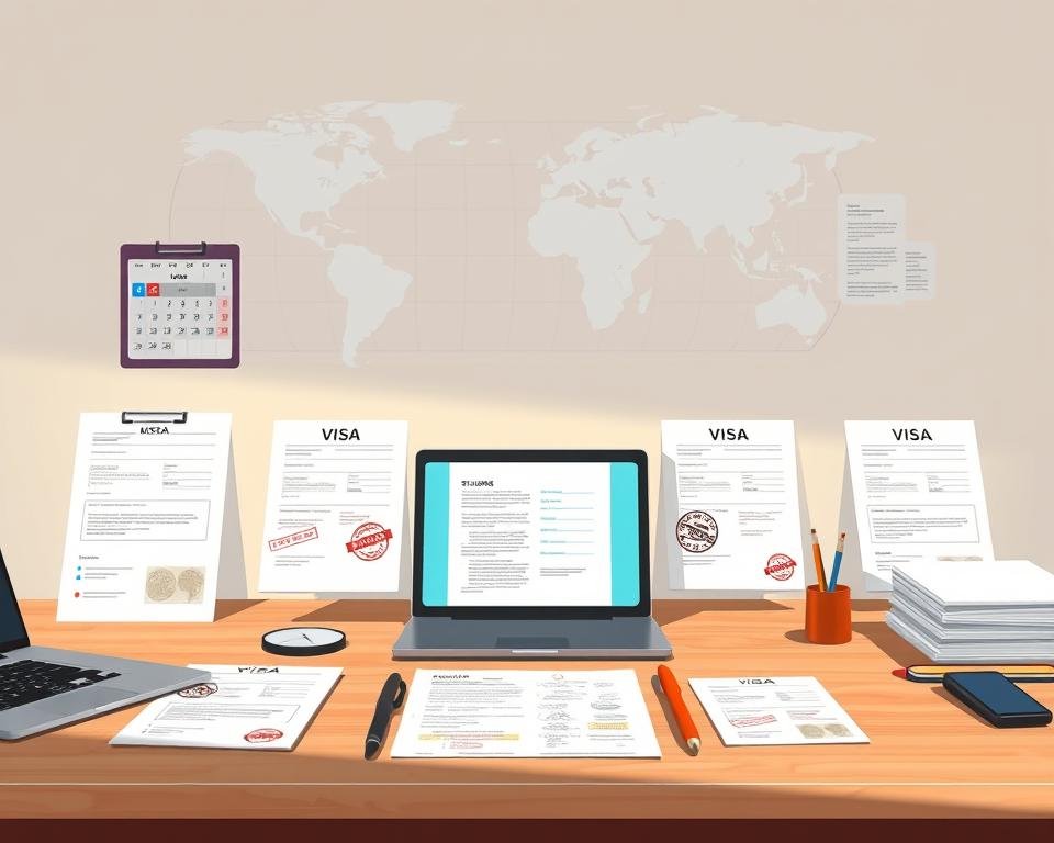 A detailed timeline of a student visa application process, captured in a seamless, realistic illustration. A clean, minimalist desk scene with various official documents, stamps, and a laptop in the foreground, against a backdrop of a world map and calendar. Soft, natural lighting casts warm shadows, creating a sense of professionalism and efficiency. The composition conveys the step-by-step progression of the visa application, from initial form filling to final approval, without any distracting visual elements. The overall mood is one of organized, streamlined bureaucracy, reflecting the critical importance of this process for aspiring international students.
