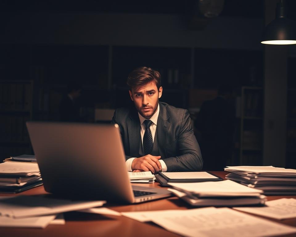 A dimly lit office interior, the foreground dominated by a desk with an open laptop and scattered documents. In the middle ground, a person in a business suit sits pensively, their expression conveying the weight of student visa processing. The background features shelves of files and the faint silhouettes of other office workers, evoking the bureaucratic nature of the task at hand. Soft, warm lighting casts a contemplative mood, while the angles suggest a sense of anticipation and uncertainty surrounding the variable processing times.