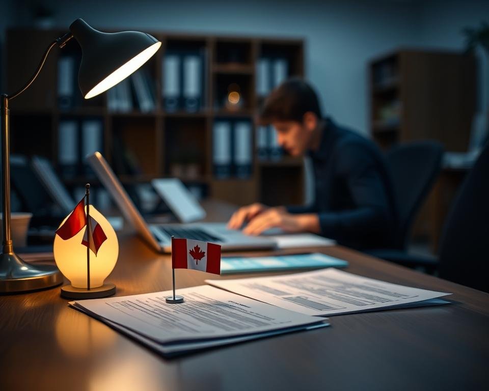 A dimly lit office scene, with a desk in the foreground illuminated by a warm lamp. On the desk, a laptop, papers, and a small model of the Canadian flag, representing the focus on temporary work visa processing. In the middle ground, a person sitting at the desk, their hands typing intently on the keyboard, conveying a sense of concentration and attention to detail. The background is blurred, suggesting an office environment, with hints of shelves and filing cabinets, emphasizing the bureaucratic nature of the process. The overall mood is one of seriousness and professionalism, reflecting the importance of understanding and navigating the temporary work visa system.