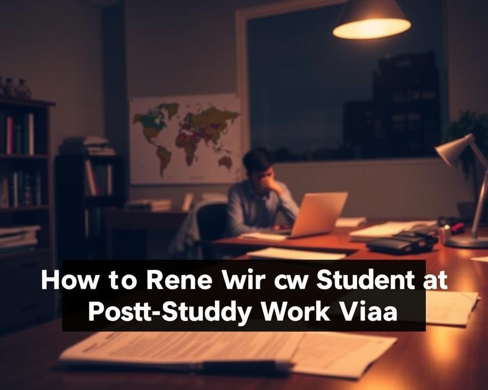 A dimly lit office space, a desk in the foreground with a laptop, paperwork, and a student visa document. In the middle ground, a person sitting at the desk, deep in thought, pondering the renewal process. The background features a bookshelf, a world map on the wall, and a window overlooking a cityscape, conveying an international, professional atmosphere. Soft, warm lighting creates a contemplative mood, while the camera angle is slightly angled to provide a sense of depth and perspective. The scene captures the essential elements of the "How to Renew Your Student Visa in Post-Study Work Visa" section of the article.