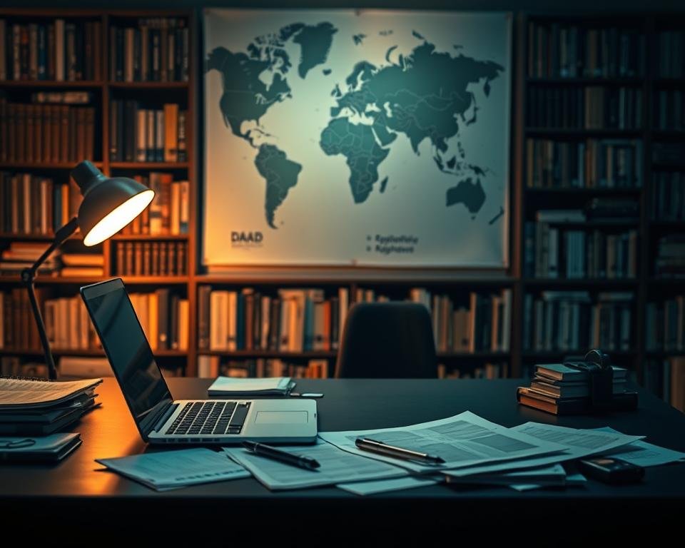 A dimly lit study desk with a laptop, pen, and scattered documents, representing the application process. In the background, a large bookshelf filled with reference materials and a world map, symbolizing the global reach of DAAD scholarships. Subtle warm lighting casts a pensive atmosphere, as a student contemplates their application. The scene conveys the focus, research, and determination required to navigate the DAAD scholarship application journey.