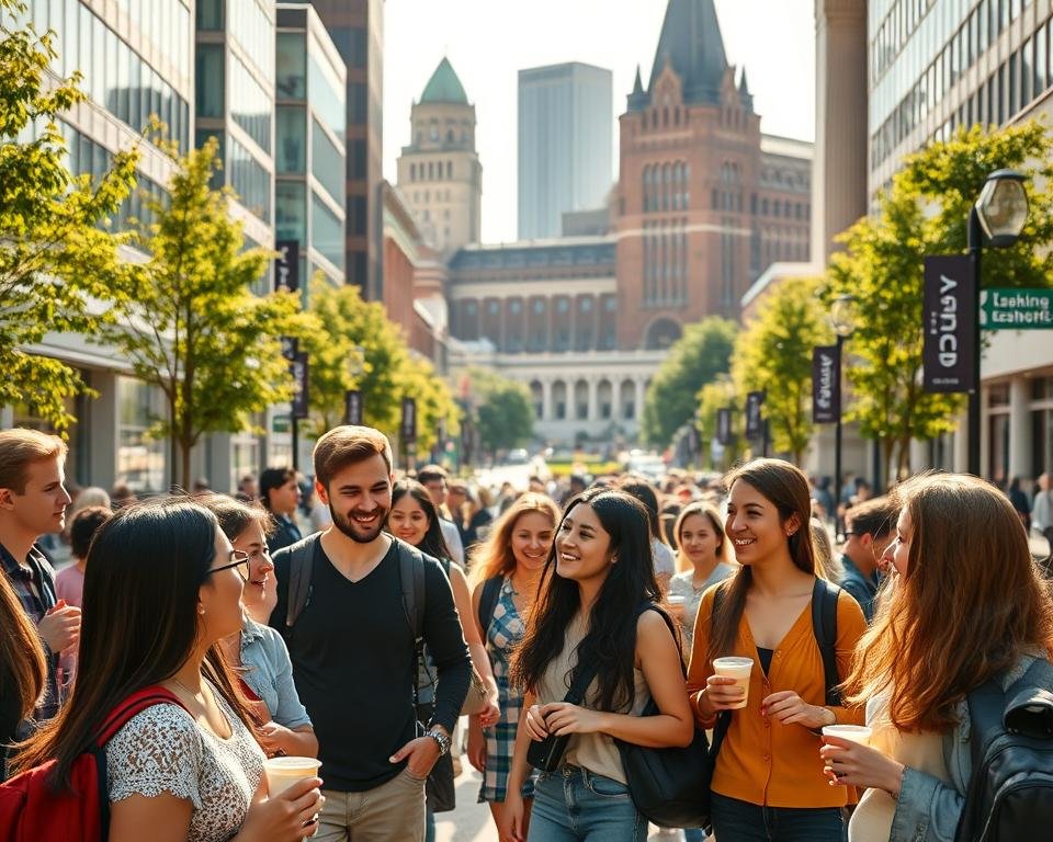 A diverse group of international students exploring the vibrant streets of a Canadian city, surrounded by modern architecture and lush greenery. In the foreground, students from various backgrounds converse animatedly, their faces filled with excitement and curiosity. In the middle ground, a bustling café scene with cozy tables and the aroma of freshly brewed coffee. In the background, a towering university campus with a mix of historic and contemporary buildings, representing the blend of tradition and innovation that defines the Canadian educational experience. Warm, golden sunlight filters through, creating a welcoming and inviting atmosphere that captures the essence of the international student experience in Canada.