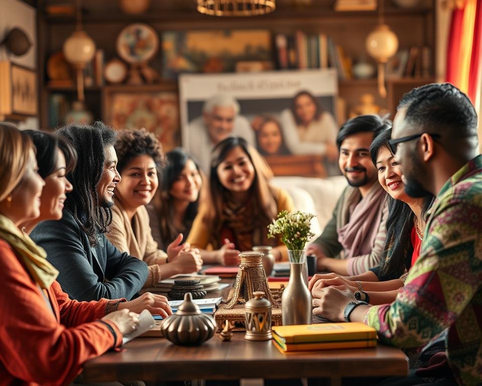 A diverse group of people from different cultural backgrounds, gathered around a table, engaged in animated conversation. The scene is bathed in warm, natural lighting, creating a cozy and inviting atmosphere. In the foreground, the expressions on their faces convey a sense of mutual understanding and appreciation. The middle ground showcases a collection of cultural artifacts, books, and decorative elements, suggesting the richness and complexity of their shared experiences. The background fades into a softly blurred, yet vibrant setting, hinting at the broader cultural landscape that shapes their worldviews.