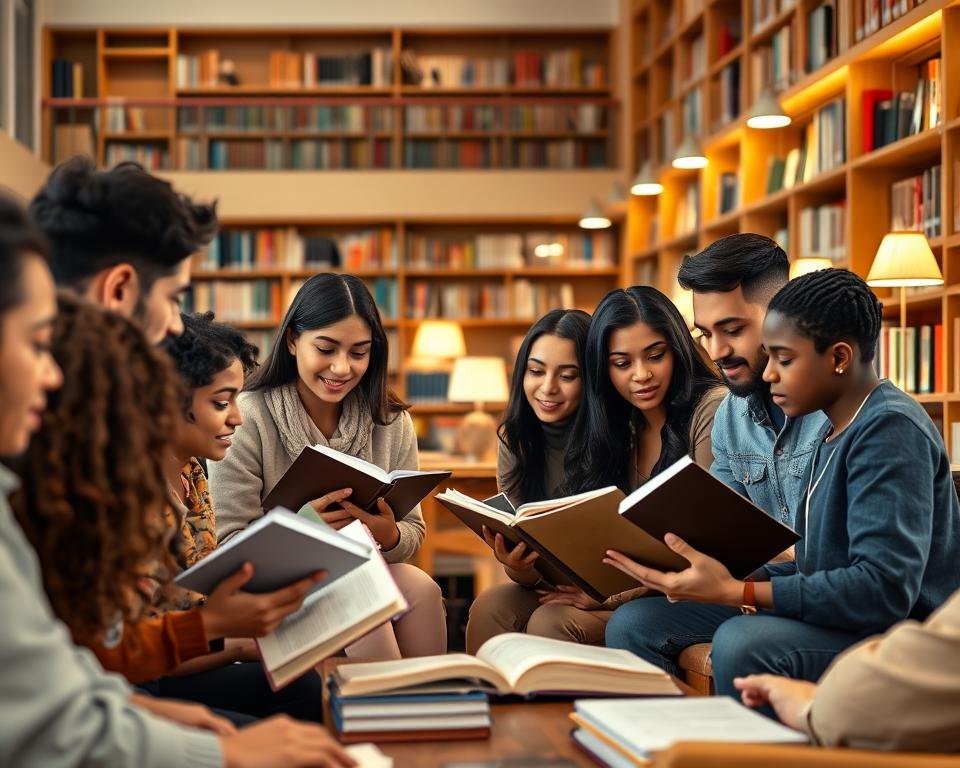A diverse group of students from various cultural backgrounds studying together in a cozy library setting. The foreground features students of different ethnicities, genders, and ages engaged in discussion, sharing notes, and examining textbooks. The middle ground showcases a blend of traditional and modern study materials, including tablets, books, and stationery. The background depicts a warm, well-lit library interior with bookshelves, reading lamps, and cozy study nooks, creating an atmosphere of intellectual exploration and cultural exchange. The lighting is soft and natural, reflecting the collaborative and inclusive nature of the scene.