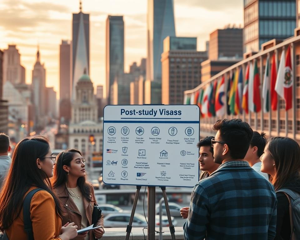 A dynamic cityscape with skyscrapers and bustling streets, bathed in warm evening light. In the foreground, a group of diverse international students engaged in thoughtful discussion, their faces lit with anticipation as they explore post-study visa options. The middle ground features a large sign with various visa icons and text, guiding them through the process. In the background, a subtle montage of international flags and symbols, symbolizing the global nature of the topic. The overall atmosphere is one of optimism and possibility, as these students contemplate the next chapter of their academic and professional journeys.