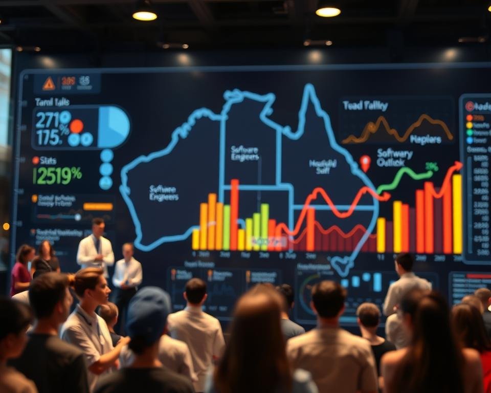A dynamic, data-driven visualization of Australia's student job market trends. A foreground displaying a diverse array of in-demand student roles - healthcare worker, software engineer, hospitality staff, and more - against a middle ground of fluctuating bar graphs and line charts tracking employment rates, wage growth, and industry outlooks. The background showcases a stylized map of Australia, its states and territories colored to indicate regional variations in job opportunities and prospects. Lighting is crisp and modern, with a subtle depth-of-field effect drawing the viewer's eye to the central data visualization. The overall mood is informative yet visually engaging, conveying the complex, evolving nature of the Australian student job market.