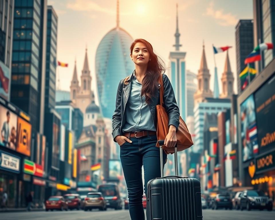 A dynamic tableau depicting the benefits of international internships. In the foreground, a young professional stands amidst a bustling cityscape, suitcase in hand, symbolizing the opportunity to explore new cultures and expand horizons. In the middle ground, images of diverse workplaces and global collaborations highlight the valuable real-world experience gained. In the background, a vibrant collage of international landmarks and flags conveys the sense of worldwide connectivity. Warm, cinematic lighting casts an inspiring glow, while a wide-angle lens captures the scale and scope of this transformative experience. The overall mood evokes excitement, growth, and the limitless potential of a world-class internship.