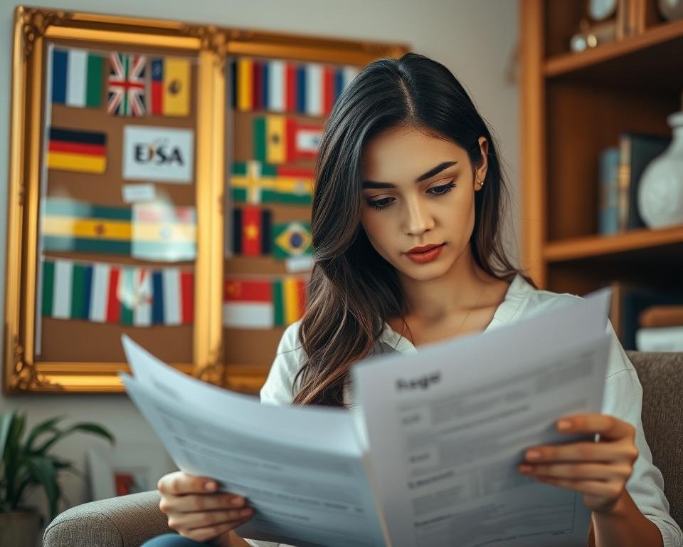 A focused young woman in a cozy study, studying scholarship application documents intently. Soft, warm lighting illuminates her face as she meticulously reviews the forms, her brow furrowed in concentration. In the background, a cork board adorned with colorful flags, symbolizing the international nature of the scholarships. Elegant golden frames accent the scene, conveying a sense of prestige and opportunity. The overall mood is one of determination and diligence, reflecting the dedication required to secure a coveted international scholarship.