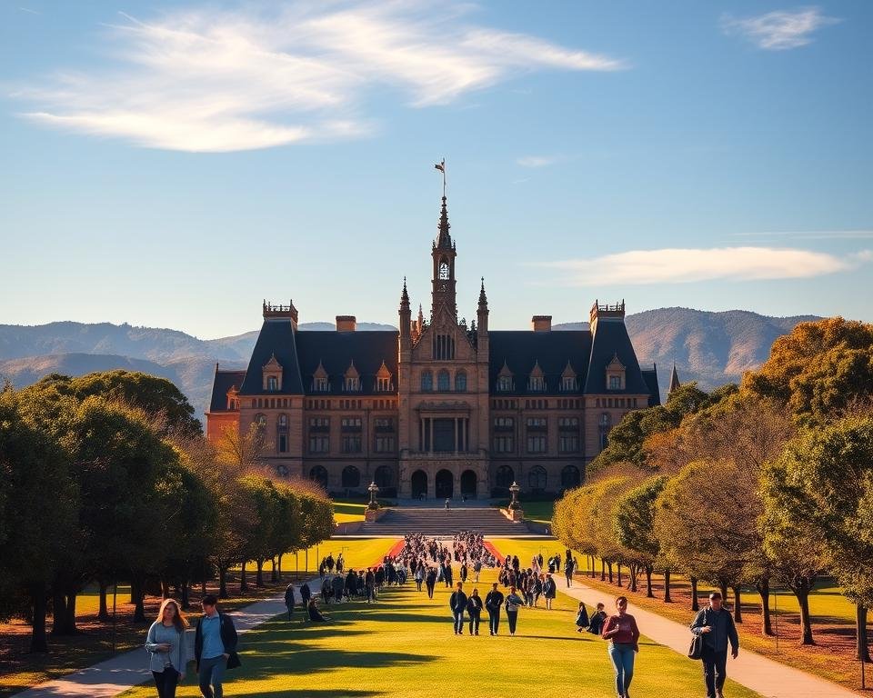 A grand, majestic university campus in Australia, set against a backdrop of rolling hills and a clear, azure sky. In the foreground, students stroll along the tree-lined pathways, absorbed in their studies or engaged in lively discussions. The imposing, neo-Gothic architecture of the main building dominates the middle ground, its intricate spires and ornate facades casting long shadows across the well-manicured lawns. The scene is bathed in warm, golden sunlight, creating a sense of intellectual vitality and scholarly tradition. The overall atmosphere conveys the prestige and academic excellence of higher education in this vibrant, multicultural nation.