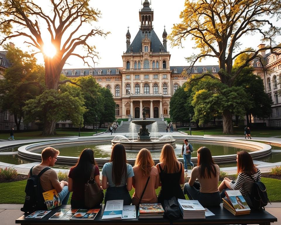 A grand, ornate university campus in Germany, with neo-Gothic architecture and lush greenery, bathed in warm, golden afternoon light. In the foreground, a group of diverse students sit on a bench, deep in discussion. Booklets and brochures are scattered around them, highlighting various scholarship opportunities. The middle ground features an impressive fountain, surrounded by towering oak trees. In the background, the historic hall of residence stands tall, its intricate facade and arched windows reflected in the still waters. The atmosphere is one of academic prestige, opportunity, and intellectual vibrancy.