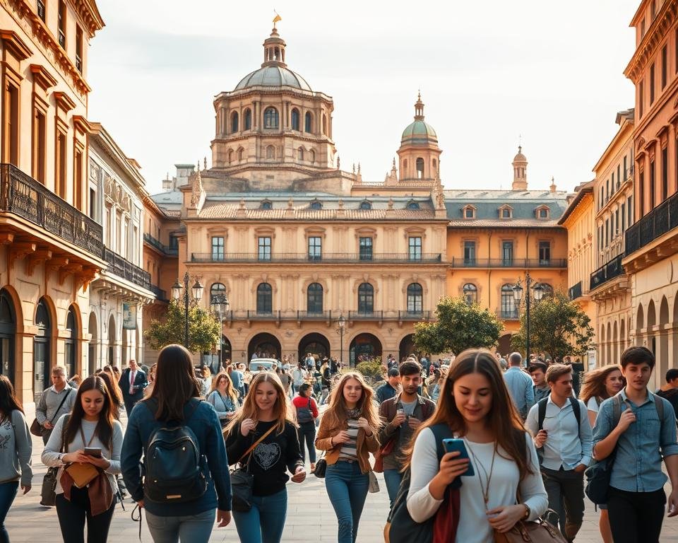 A lively university campus with students walking between classes, cafes, and study spaces. In the foreground, a group of students discussing job opportunities and browsing job listings on their laptops and phones. In the middle ground, a university career services office with staff advising students on part-time job options in the local area. In the background, the historic architecture of Spanish university buildings set against a bright, sunny sky. Warm, inviting lighting illuminates the scene, capturing the energy and vibrancy of student life.