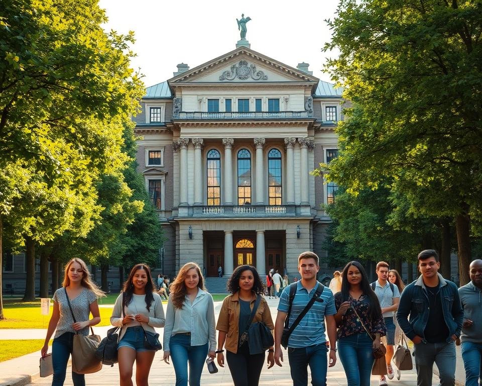 A majestic academic building with a grand entrance, surrounded by a lush, tree-lined campus. Sunlight streams through the tall windows, casting a warm, inviting glow. In the foreground, a group of diverse international students stroll by, their expressions reflecting curiosity and ambition. The scene conveys a sense of intellectual rigor and global opportunities, perfectly capturing the essence of postgraduate scholarships in Germany.