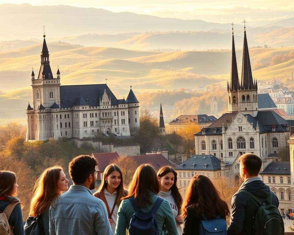 A majestic castle against a backdrop of rolling hills, bathed in warm golden light. In the foreground, a group of international students engage in lively discussion, their faces alight with excitement. The middle ground features modern university buildings, their sleek architecture contrasting with the historic charm. In the distance, the iconic churches and cobblestoned streets of a vibrant German city. The scene conveys the synergy of tradition and innovation that defines the experience of studying in Germany - a land of unparalleled academic excellence, rich cultural heritage, and boundless opportunities.