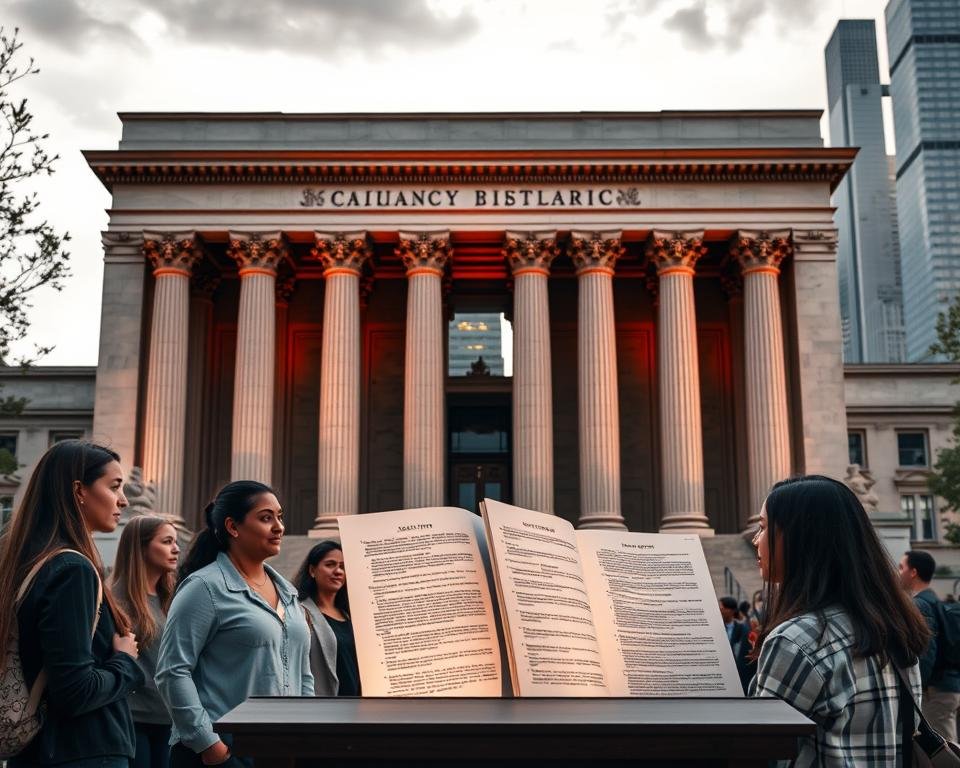 A majestic marble courthouse stands tall, its grand archways and columns casting long shadows. In the foreground, a group of students in casual attire converse, their faces full of curiosity and determination. Displayed on a podium, a series of documents and legal texts outline the intricacies of student employment laws, illuminated by warm, diffused lighting. The background features a cityscape of towering skyscrapers, hinting at the complex legal landscape students must navigate. The overall scene conveys a sense of civic engagement, education, and the importance of understanding one's rights and responsibilities as a student worker in America.