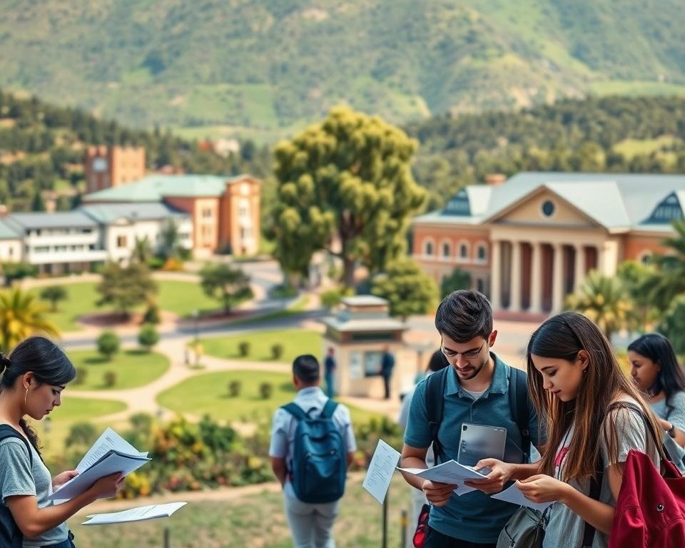A majestic university campus nestled amidst lush green landscapes, with picturesque buildings in a mix of modern and traditional architectural styles. In the foreground, a group of prospective students diligently poring over documents and laptops, engrossed in the intricacies of the admission process. Warm, natural lighting bathes the scene, conveying a sense of welcoming and opportunity. In the middle ground, an information booth manned by friendly university staff, guiding students through the application requirements. The background is dotted with towering eucalyptus trees, lending an air of distinctly Australian ambiance. The overall atmosphere radiates a blend of academic excellence, natural beauty, and the promise of a transformative educational journey.
