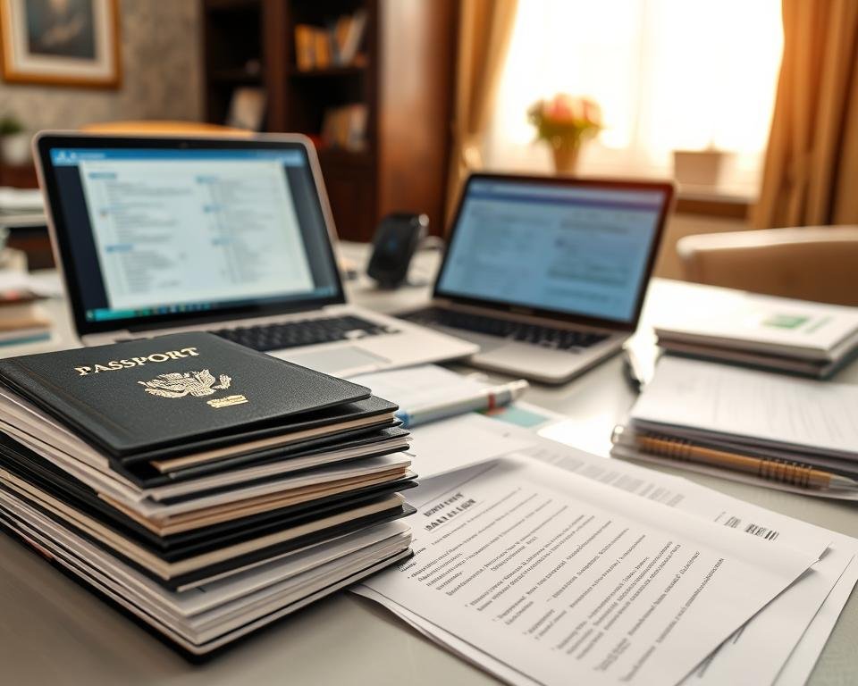 A meticulously assembled visa application package lies on a well-lit desk, its contents neatly organized. In the foreground, a stack of official forms, passports, and supporting documents are arranged with precision. The middle ground features a laptop displaying detailed checklists, while the background showcases a warm, professional office environment with tasteful decor. The overall atmosphere conveys a sense of diligence, attention to detail, and a clear understanding of the visa application process, reflecting the importance of a well-prepared submission to expedite the student visa journey.