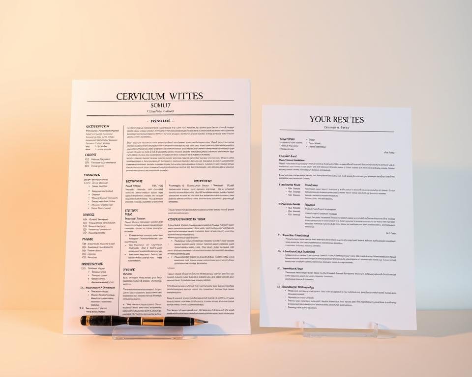 A meticulously crafted comparison of a professional curriculum vitae (CV) and a concise resume, illuminated by soft, warm lighting and captured with a wide-angle lens. The CV, adorned with an elaborate header and extensive details, stands in contrast to the streamlined, one-page resume, emphasizing the distinct purposes and formats of these essential job-seeking documents. The scene is set against a minimalist, off-white background, allowing the visual elements to take center stage and guide the viewer's understanding of the key differences between these two critical tools in the job search process.