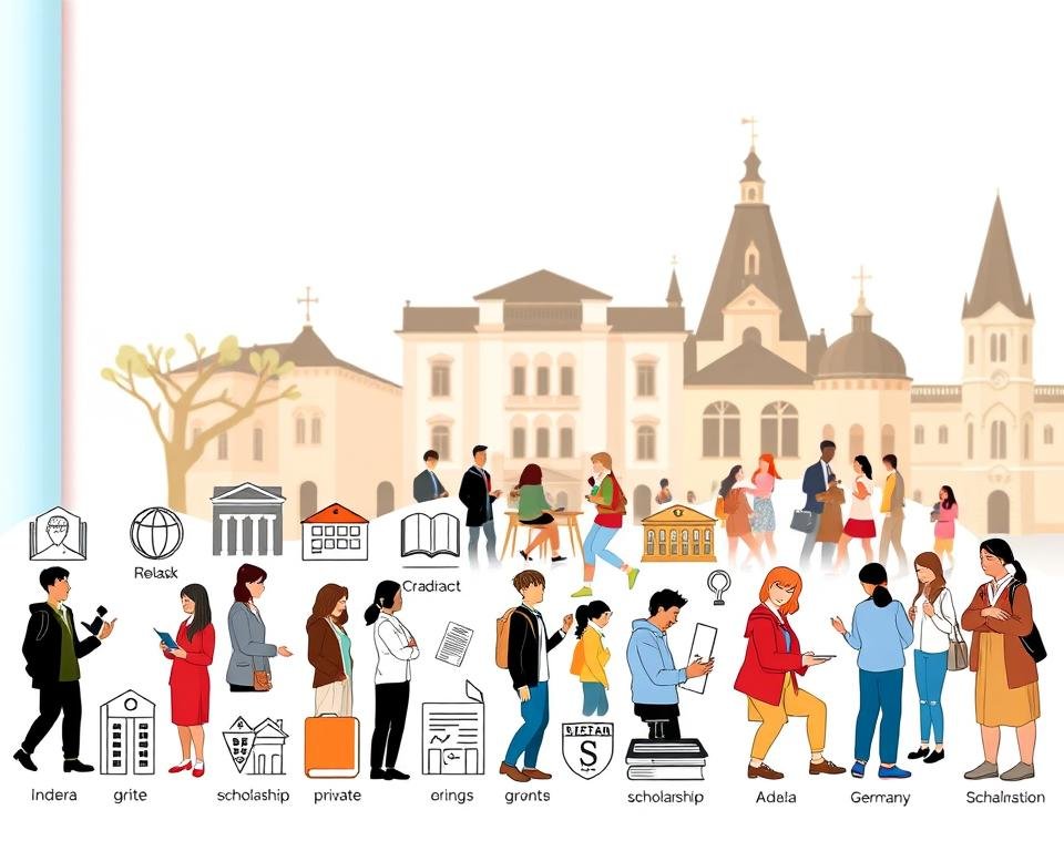 A meticulously crafted illustration of various undergraduate scholarship types in Germany, captured through a detailed, high-quality photographic lens. The foreground features a clean, organized display of scholarship icons, including government-funded, private, and academic institution grants, each with distinct visual representations. The middle ground showcases students from diverse backgrounds engaged in research, discussions, and academic activities, conveying the vibrant academic environment. The background subtly incorporates architectural elements of German universities, lending a sense of place and institutional prestige. The lighting is warm and inviting, creating a welcoming atmosphere that reflects the opportunities and support available for international students seeking higher education in Germany.