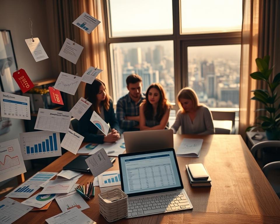 A meticulously crafted interior scene showcasing the various accommodation pricing elements. In the foreground, an array of charts, graphs, and price tags float against a backdrop of modern, minimalist decor. The middle ground features a wooden table with a laptop displaying a budgeting spreadsheet, surrounded by contemplative students. In the background, a large window overlooks a bustling city skyline, bathed in warm, afternoon sunlight. The overall mood is one of focused understanding, as the students analyze the intricate details of accommodation pricing to find the most cost-effective solution for their needs.