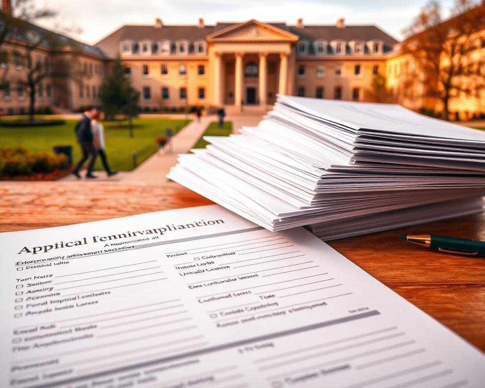 A meticulously designed university application form in the foreground, with clear fields for personal information, academic achievements, and extracurricular activities. In the middle ground, stacks of official university documents, transcripts, and recommendation letters. In the background, a university campus with stately buildings, manicured lawns, and students rushing to and fro, conveying the sense of academic rigor and prestigious reputation. Warm, golden lighting illuminates the scene, suggesting the gravity and importance of the application process. The overall mood is one of gravitas, formality, and the high stakes involved in gaining admission to a top American university.