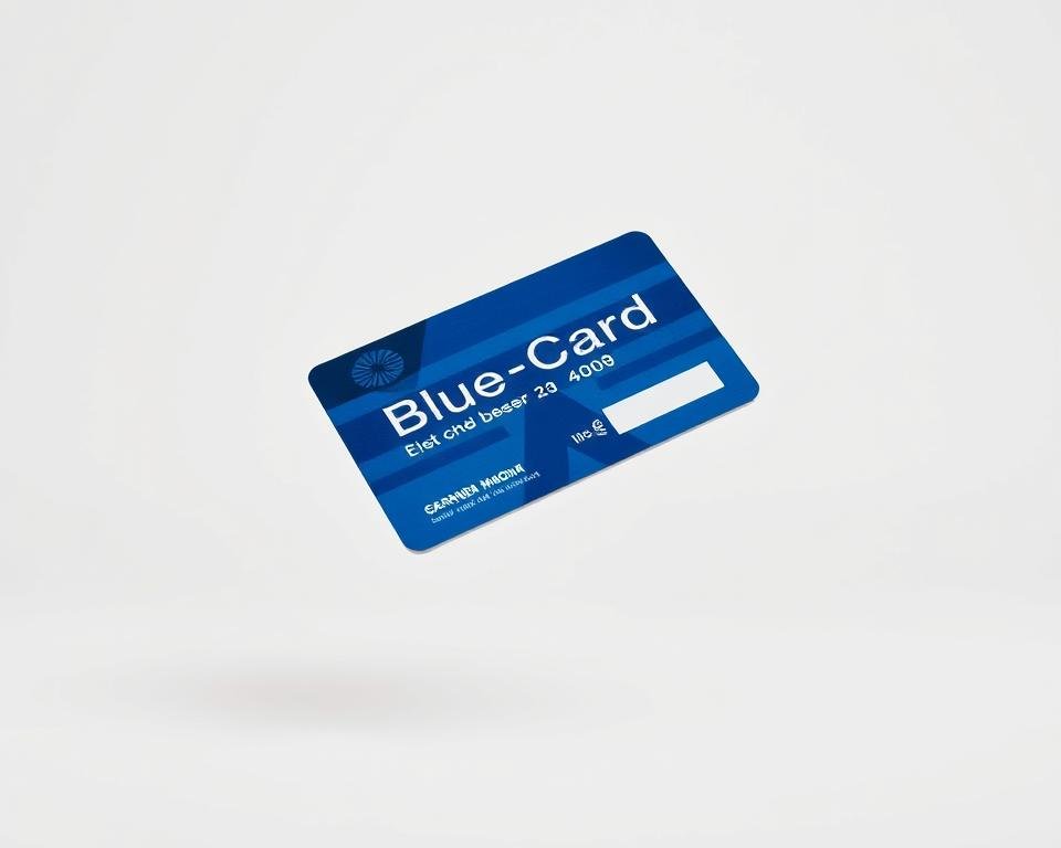 A meticulously detailed blue card with crisp edges and a glossy finish, floating in a bright, evenly-lit studio environment. The card's surface reflects a soft, diffused light, showcasing its elegant design and precise typography. The background is a clean, white void, allowing the blue card to be the sole focus, emphasizing its importance and legal significance. The overall composition conveys a sense of authority, professionalism, and the high standards required for Germany's coveted Blue Card program.