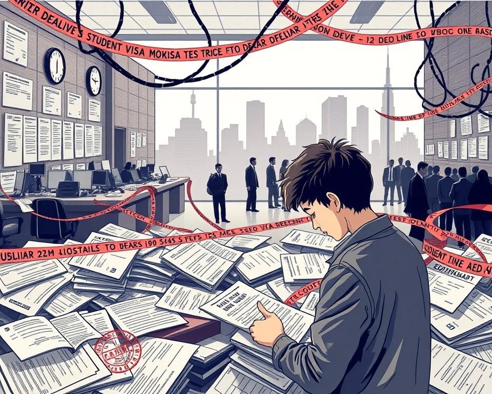 A meticulously detailed illustration depicting the intricacies of student visa deadlines and delays. In the foreground, a student anxiously reviews official documents and paperwork amidst a labyrinth of deadlines, stamps, and bureaucratic red tape. The middle ground showcases a government office interior, with harried clerks and long queues of applicants. In the background, a silhouetted skyscraper skyline conveys the sense of a complex, global system. Diffused lighting casts an air of uncertainty, while muted colors evoke the weighty, serious nature of the subject matter. The overall scene conveys the frustration, confusion, and persistent challenges faced by students navigating the student visa process.