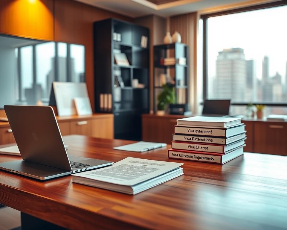 A meticulously detailed office scene, featuring a wooden desk with a sleek laptop, a stack of documents, and a well-organized set of folders labeled "Visa Extension Requirements". The lighting is warm and inviting, casting a soft glow across the desk. The background is a professionally decorated workspace, with modern shelving units and a large window providing a glimpse of a bustling city skyline. The overall atmosphere conveys a sense of professionalism and efficiency, alluding to the importance of the visa extension process.