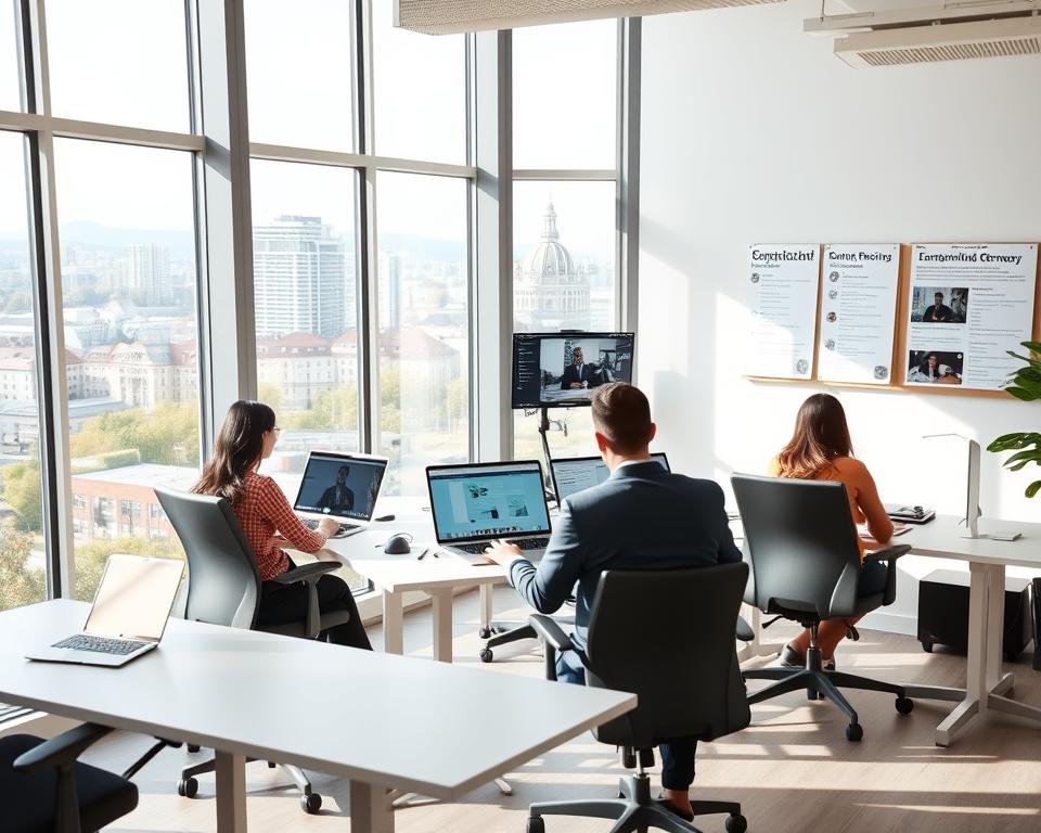 A modern, airy office space with large windows overlooking a vibrant German cityscape. In the foreground, professionals engaged in focused remote work, laptops open and video conferencing active. The middle ground features ergonomic desks, adjustable chairs, and a minimalist, Scandinavian-inspired decor. Soft, diffused lighting creates a productive yet relaxed atmosphere. In the background, a bulletin board displays job postings for remote positions, underscoring the flexibility and opportunities available for those seeking telecommuting roles in Germany without German language proficiency.