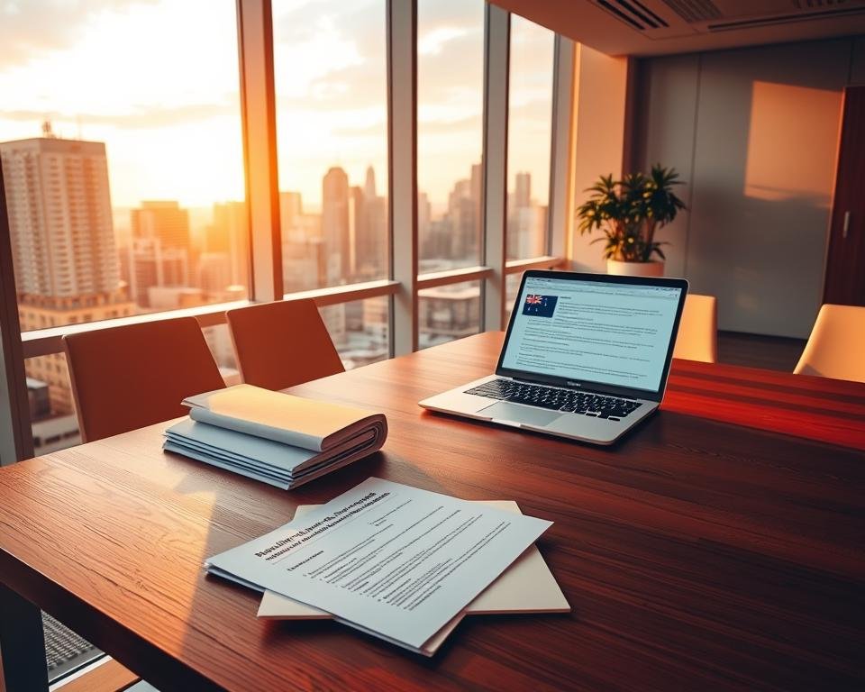 A modern, clean-lined office interior with large windows overlooking a vibrant cityscape. On a sleek wooden desk, several documents and folders are neatly arranged, representing the key eligibility criteria for the Australia post-study work visa. A laptop computer displays a web page with relevant information. Warm, directional lighting illuminates the scene, casting subtle shadows and highlighting the professionalism of the workspace. The atmosphere exudes a sense of efficiency and attention to detail, reflecting the importance of understanding the visa requirements.