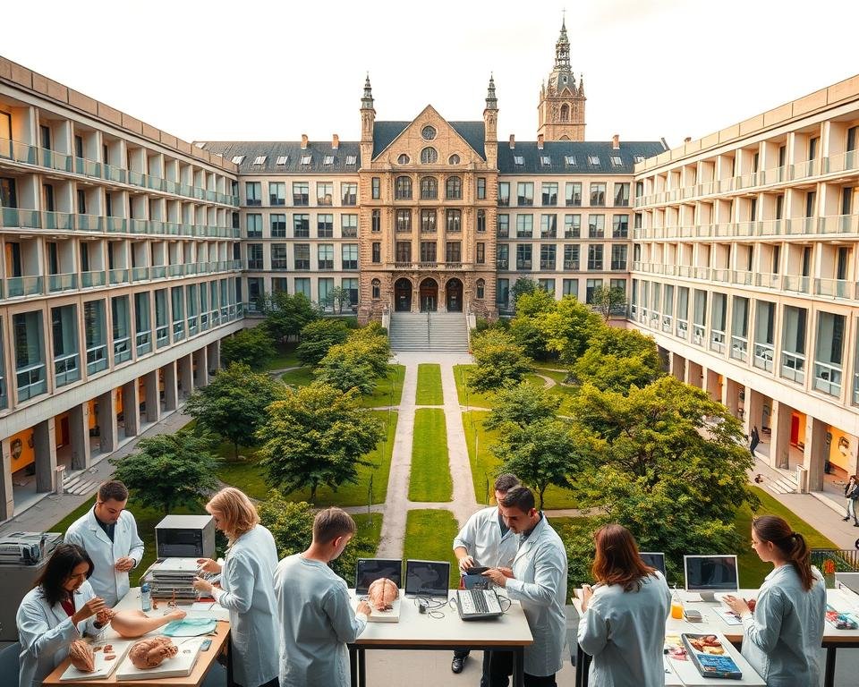 A modern medical school campus in Germany, with a grand neo-gothic facade and a central courtyard. In the foreground, students in white coats and scrubs engage in hands-on medical training, examining anatomical models and practicing surgical techniques. The middle ground features state-of-the-art lecture halls and laboratories, where professors deliver lectures and lead interactive demonstrations. In the background, a verdant park-like setting with trees and pathways, creating a serene and contemplative atmosphere conducive to intellectual pursuits. The scene is illuminated by warm, natural lighting, casting a soft glow over the entire scene and evoking a sense of academic excellence and medical innovation.