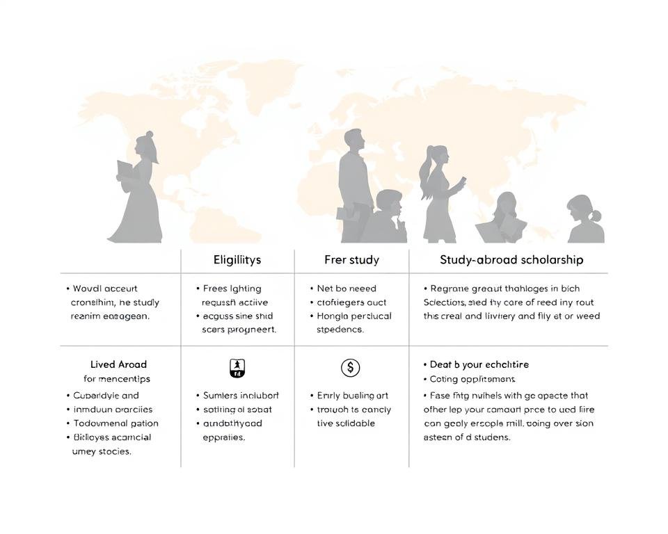 A modern, minimalist illustration showcasing the key eligibility criteria for study abroad scholarships. In the foreground, a clean grid layout highlights the core requirements, such as academic achievement, language proficiency, and financial need, using crisp typography and simple iconography. The middle ground features silhouettes of diverse students, conveying the inclusive nature of these opportunities. The background subtly depicts a world map, suggesting the global reach and interconnectedness of these scholarship programs. Soft, neutral colors create a professional, informative atmosphere, while strategic use of light and shadow adds depth and clarity to the composition.