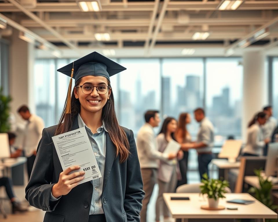 A modern office environment, filled with the hustle and bustle of a bustling workplace. In the foreground, a graduate in professional attire stands confidently, their post-study work permit in hand, signifying the crucial opportunities and legal protections it affords. The middle ground showcases a diverse team collaborating, their faces alight with the excitement of new projects and possibilities. In the background, the city skyline glimmers, a testament to the global reach and career prospects that a post-study work permit can unlock. Soft, warm lighting creates a sense of optimism and growth, while the clean, minimalist aesthetic conveys the professionalism and progress that this permit represents.