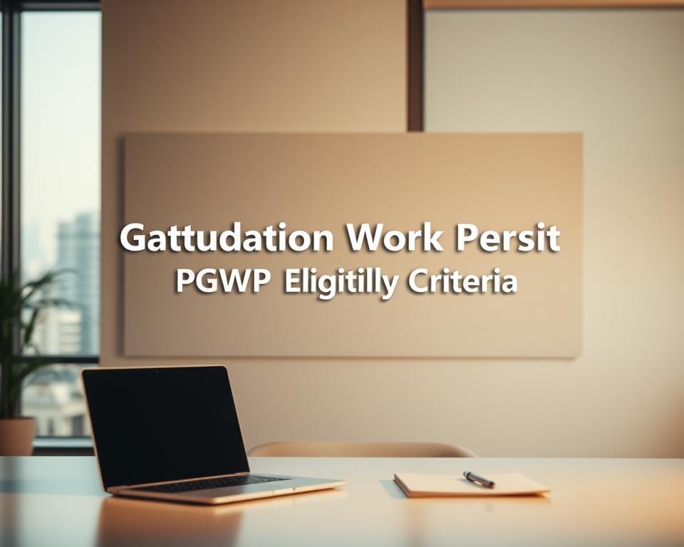 A modern office environment with a muted color palette. In the foreground, a clean, minimal desk setup with a laptop, folder, and pen. In the middle ground, a wall display featuring the text "Canada Post-Graduation Work Permit (PGWP) Eligibility Criteria" rendered in a professional, sans-serif font. The background is a soft, blurred cityscape through large windows, conveying a sense of global connectivity. The lighting is warm and natural, creating a professional, yet approachable atmosphere. The overall mood is one of clarity, organization, and the potential for international opportunities.