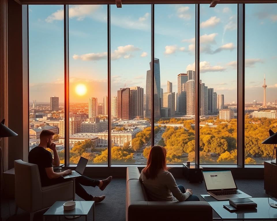 A modern office interior with floor-to-ceiling windows overlooking the bustling skyline of a major German city, bathed in warm, golden sunlight. In the foreground, a team of remote tech professionals collaborating on laptop computers, their faces illuminated by the glow of their screens. The middle ground features sleek, minimalist furniture and decor, creating a serene, productive atmosphere. In the background, a panoramic view of the city's towering skyscrapers and lush greenery, symbolizing the rise of remote tech jobs and the opportunities they bring to Germany's thriving tech industry.