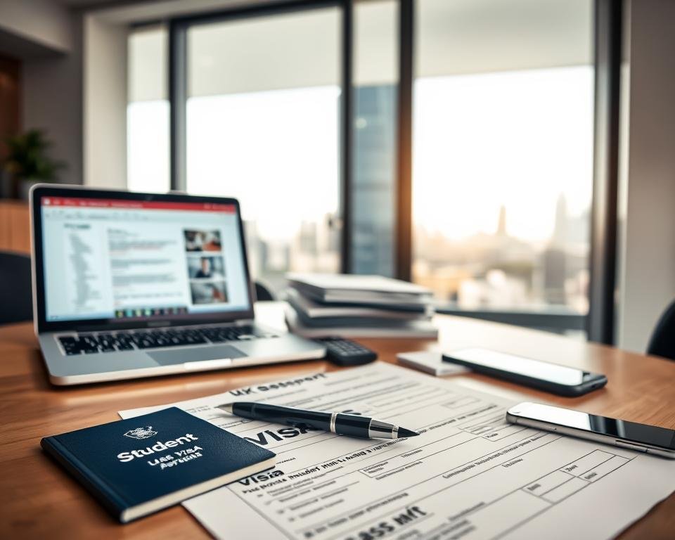 A modern office setting with a clean, professional atmosphere. In the foreground, a UK student visa application form lies open on a wooden desk, accompanied by a passport, a pen, and a calculator. Behind it, a laptop displays relevant visa information and requirements. In the middle ground, a stack of documents and a mobile phone add a sense of organization and attention to detail. The background features a large window overlooking a bustling city skyline, bathed in the warm glow of natural light. The overall mood conveys a sense of diligence, preparedness, and the importance of navigating the UK student visa process.