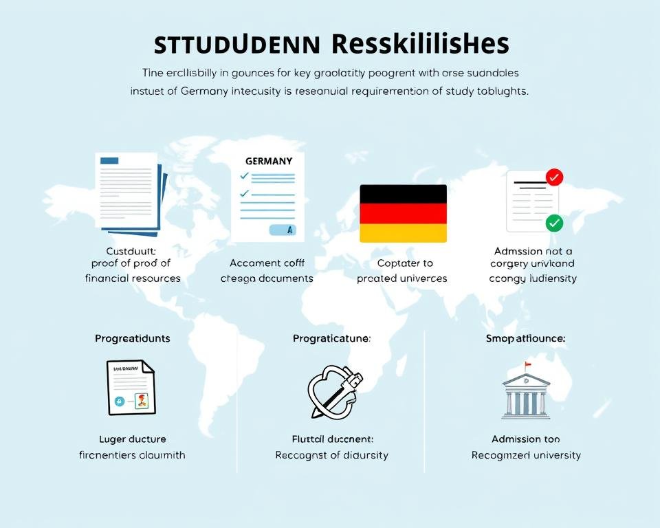 A modern, professional-looking infographic illustrating the key eligibility requirements for obtaining a student visa to study in Germany. Crisp, high-resolution visuals depicting essential documents and criteria against a minimalist, clean background. The composition should be well-balanced, with clear sections highlighting items like proof of financial resources, language proficiency, and admission to a recognized university. Use a cool color palette and simple icons or graphics to convey the information in an easy-to-understand manner. The overall atmosphere should feel authoritative yet accessible, providing a comprehensive overview for prospective international students.
