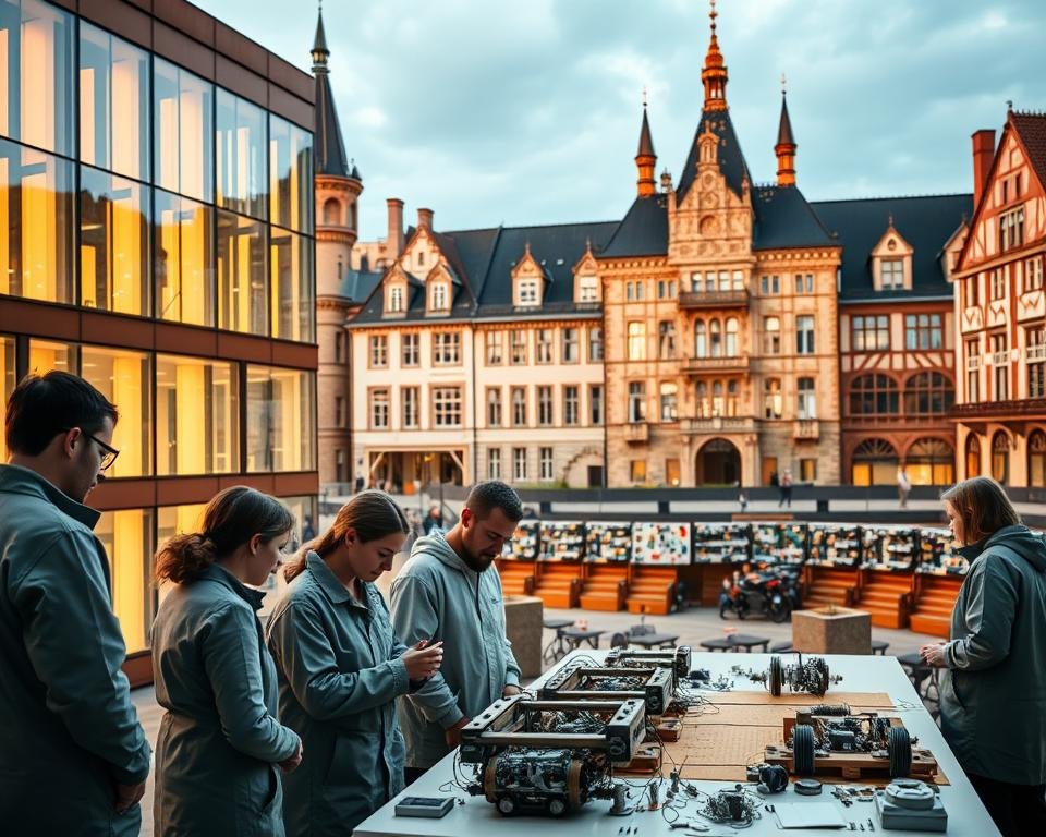 A modern university campus set against the backdrop of a picturesque German town. In the foreground, students in lab coats and safety goggles clustered around a table, examining intricate engineering projects. In the middle ground, a lecture hall with floor-to-ceiling windows, showcasing the latest teaching technologies. The background features the iconic architecture of a German engineering school, with pointed turrets and ornate facades. Warm, golden lighting illuminates the scene, creating a sense of inspiration and innovation. The overall atmosphere conveys the rigorous, hands-on nature of engineering education in Germany, blending tradition and modernity.
