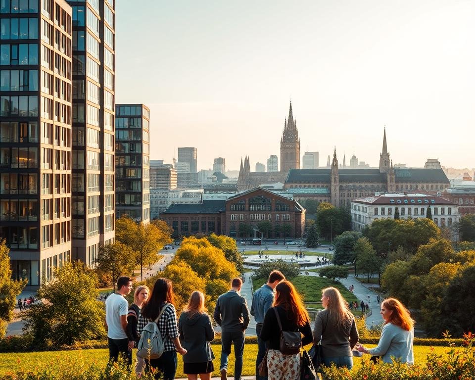 A modern university campus set in the heart of a bustling German city, with towering academic buildings and lush green spaces. In the foreground, a group of diverse international students engaged in lively discussion, representing the global nature of PhD programs in Germany. The middle ground features state-of-the-art research facilities and well-equipped laboratories, hinting at the advanced scientific resources available. In the background, a striking skyline of contemporary architecture punctuated by the iconic spires of historic landmarks, symbolizing Germany's blend of tradition and innovation. Warm, golden lighting casts a welcoming glow, reflecting the supportive environment for fully funded doctoral studies.