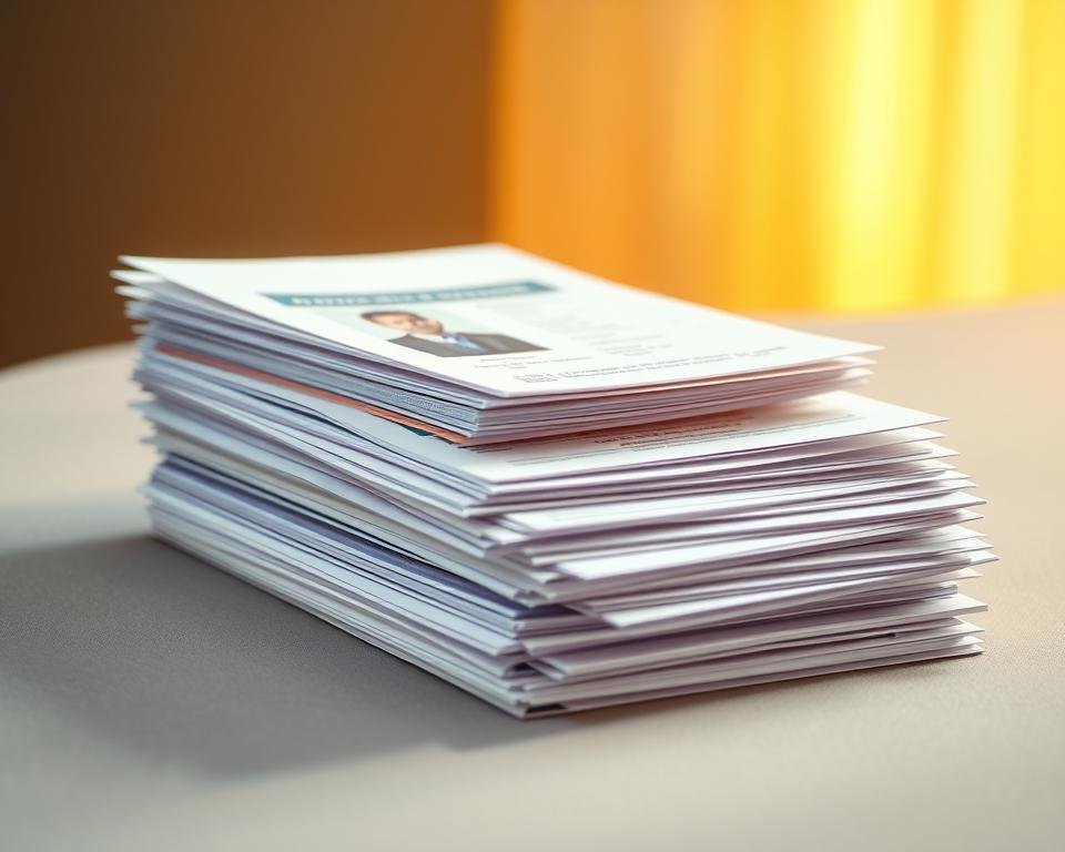 A neatly organized stack of official documents, including application forms, passport photographs, financial statements, and enrollment verification, illuminated by warm, diffused lighting against a softly blurred background. The documents are arranged on a clean, muted surface, conveying a sense of order and attention to detail. The overall mood is professional and reassuring, reflecting the importance of the student visa renewal process.