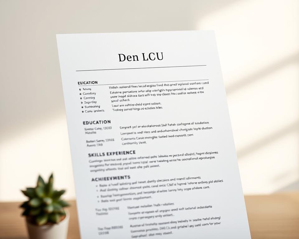 A neatly organized student CV composed of essential elements - name, contact info, education, skills, experience, and achievements. Highlighted with a clean, minimalist aesthetic against a soft, blurred background. Lit from the side to create depth and emphasize the structured layout. A sense of professionalism and attention to detail permeates the scene, conveying the student's preparedness for the job market.