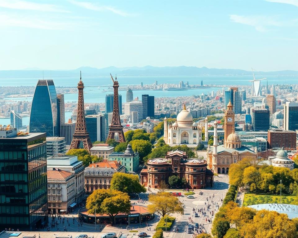 A panoramic cityscape showcasing iconic global study destinations. In the foreground, modern high-rise buildings, bustling pedestrian streets, and lush greenery evoke an international metropolis. The middle ground features famous landmarks like the Eiffel Tower, Big Ben, and the Taj Mahal, representing the diversity of academic hotspots worldwide. The background is a breathtaking vista of mountains, oceans, and vibrant cityscapes, symbolizing the worldwide reach of educational opportunities. Warm, golden lighting bathes the scene, creating a welcoming and aspirational atmosphere. Captured through a wide-angle lens to convey a sense of grandeur and possibility for students seeking transformative learning experiences abroad.